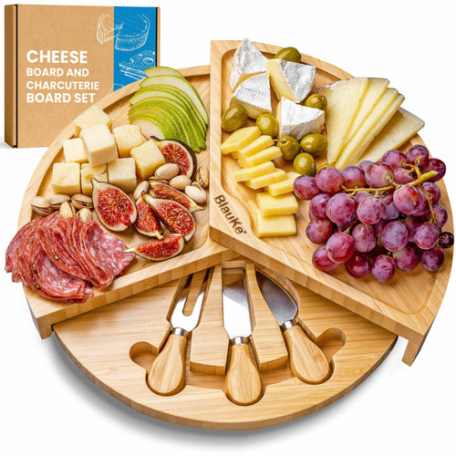 Bamboo Cheese Board and Knife Set - 14 Inch Swiveling Charcuterie Board with Slide-Out Drawer - Cheese Serving Platter, Round Serving Tray - The Culinary Collective