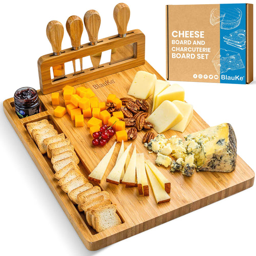 Bamboo Cheese Board and Knife Set - 14x11 inch Charcuterie Board with 4 Cheese Knives - Wood Serving Tray - The Culinary Collective