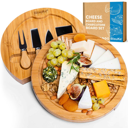 Bamboo Cheese Board and Knife Set - 10 Inch Swiveling Charcuterie Board with Slide-Out Drawer - The Culinary Collective