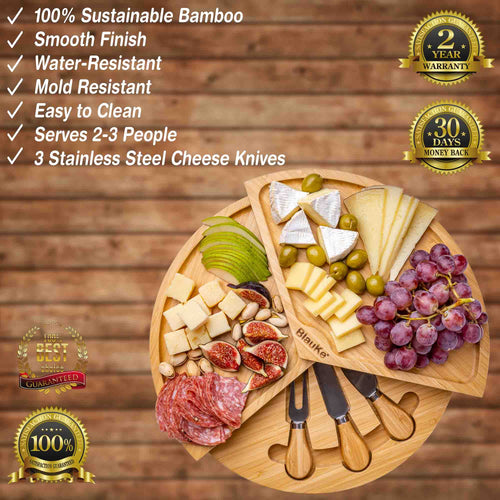 Bamboo Cheese Board and Knife Set - 14 Inch Swiveling Charcuterie Board with Slide-Out Drawer - Cheese Serving Platter, Round Serving Tray - The Culinary Collective