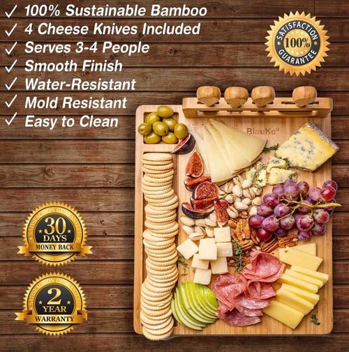 Bamboo Cheese Board and Knife Set - 14x11 inch Charcuterie Board with 4 Cheese Knives - Wood Serving Tray - The Culinary Collective