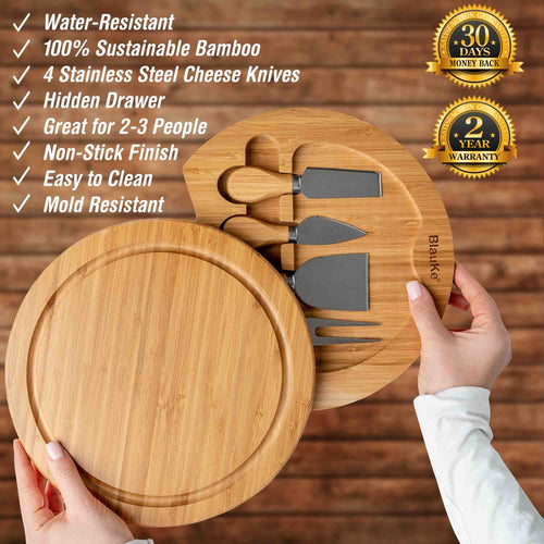 Bamboo Cheese Board and Knife Set - 10 Inch Swiveling Charcuterie Board with Slide-Out Drawer - The Culinary Collective