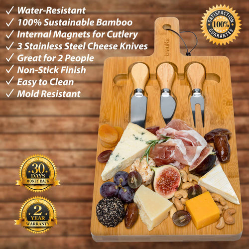Bamboo Cheese Board and Knife Set - 12x8 inch Charcuterie Board with Magnetic Cutlery Storage - Wood Serving Tray with Handle - The Culinary Collective