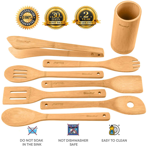 Bamboo Kitchen Utensils Set 8-Pack - Wooden Cooking Utensils for Nonstick Cookware - Wooden Cooking Spoons, Spatulas, Turner, Tongs, Utensil Holder - The Culinary Collective