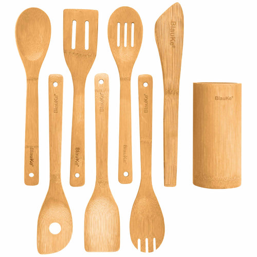 Bamboo Kitchen Utensils Set 8-Pack - Wooden Cooking Utensils for Nonstick Cookware - Wooden Cooking Spoons, Spatulas, Turner, Tongs, Utensil Holder - The Culinary Collective