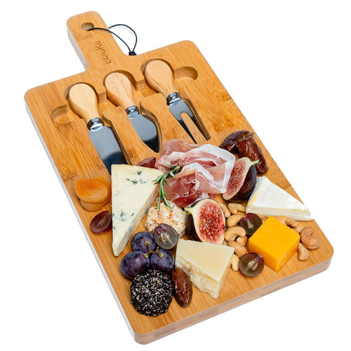 Bamboo Cheese Board and Knife Set - 12x8 inch Charcuterie Board with Magnetic Cutlery Storage - Wood Serving Tray with Handle - The Culinary Collective