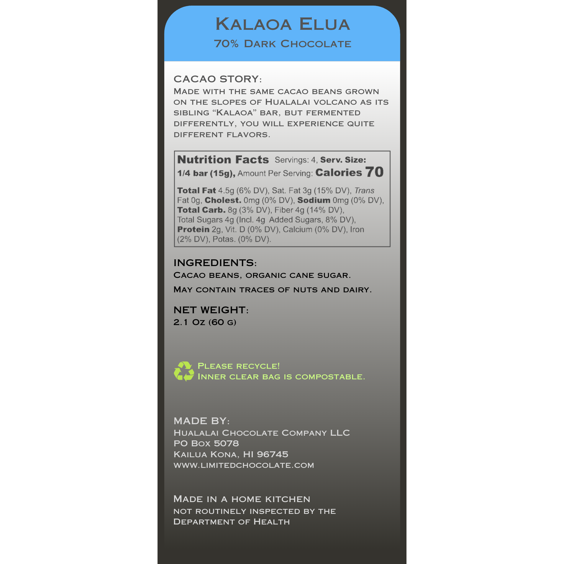 Hawaii Kalaoa Elua - 70% Dark Chocolate