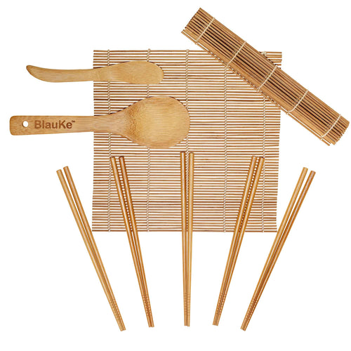 Bamboo Sushi Making Kit with 2 Sushi Rolling Mats, 5 Pairs of Reusable Bamboo Chopsticks, 1 Rice Paddle and 1 Spreader - Beginner Sushi Kit - The Culinary Collective